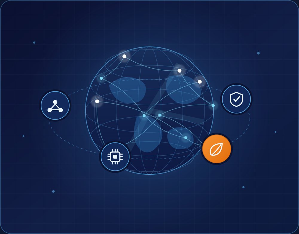 Globo terráqueo conectado con iconos de red, seguridad, cómputo y sostenibilidad